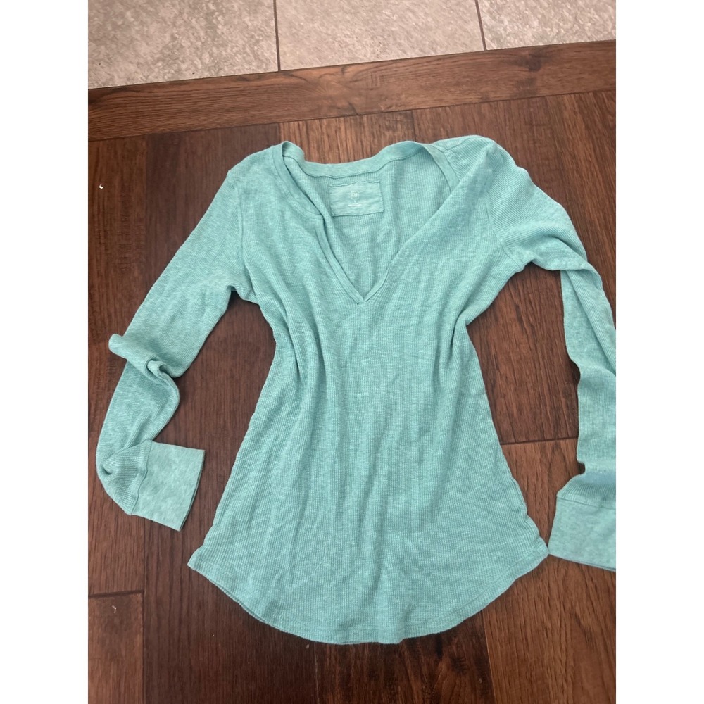 Gap y2k juniors Mint Green Waffle Knit Thermal V-Neck Long Sleeve Top Size L